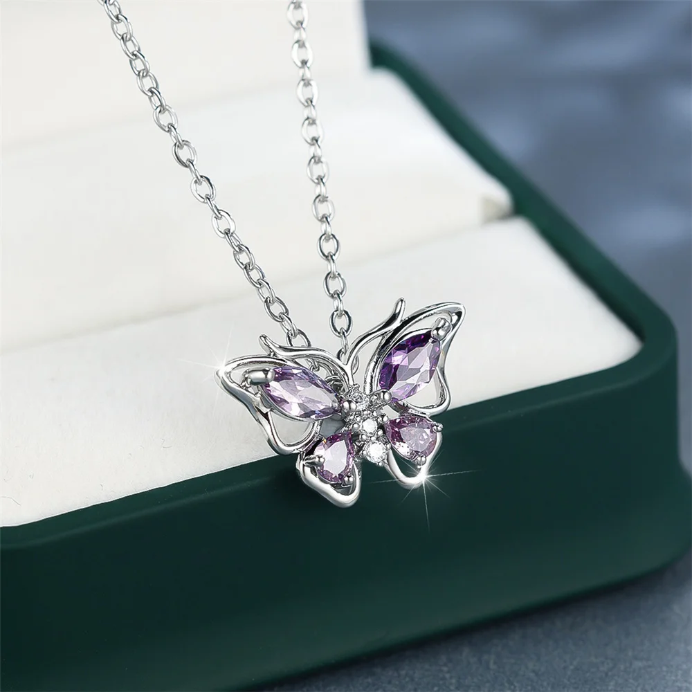 collier améthyste en forme de papillon en argent